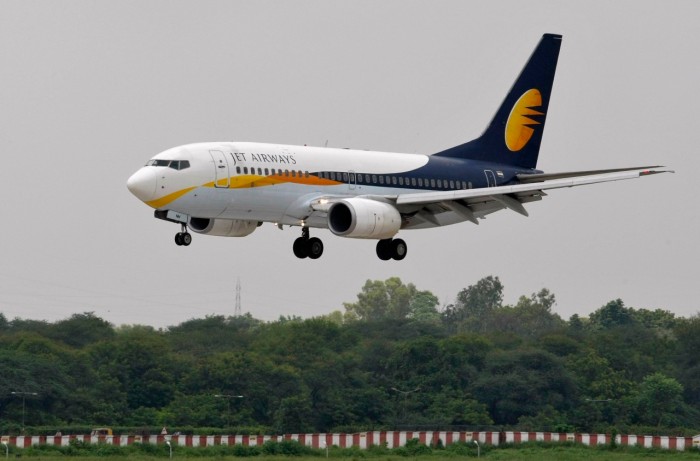 Jet Airways passenger aircraft prepares to land at the airport in the western Indian city of Ahmedabad